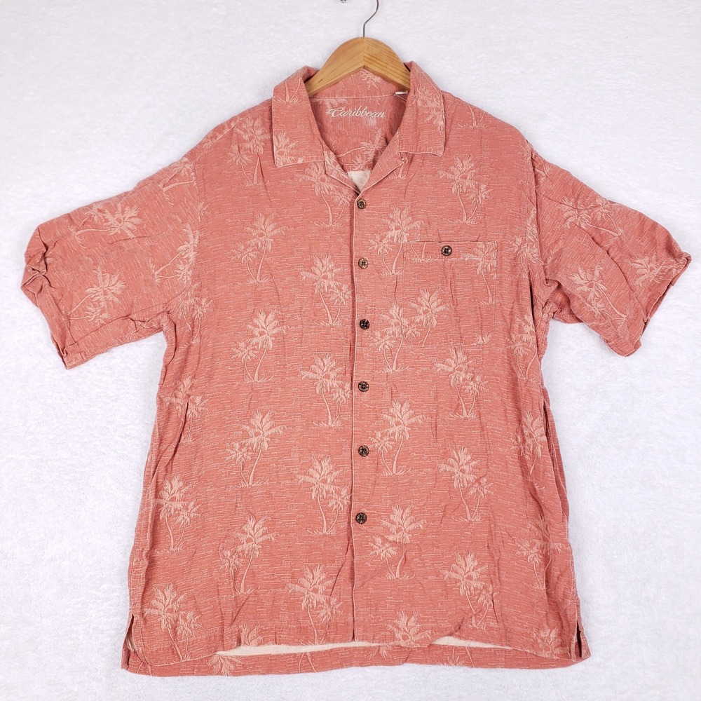 Caribbean‎ Camp Shirt Mens L Silk Rayon Salmon Orange Tropical Palm Tree Aloha